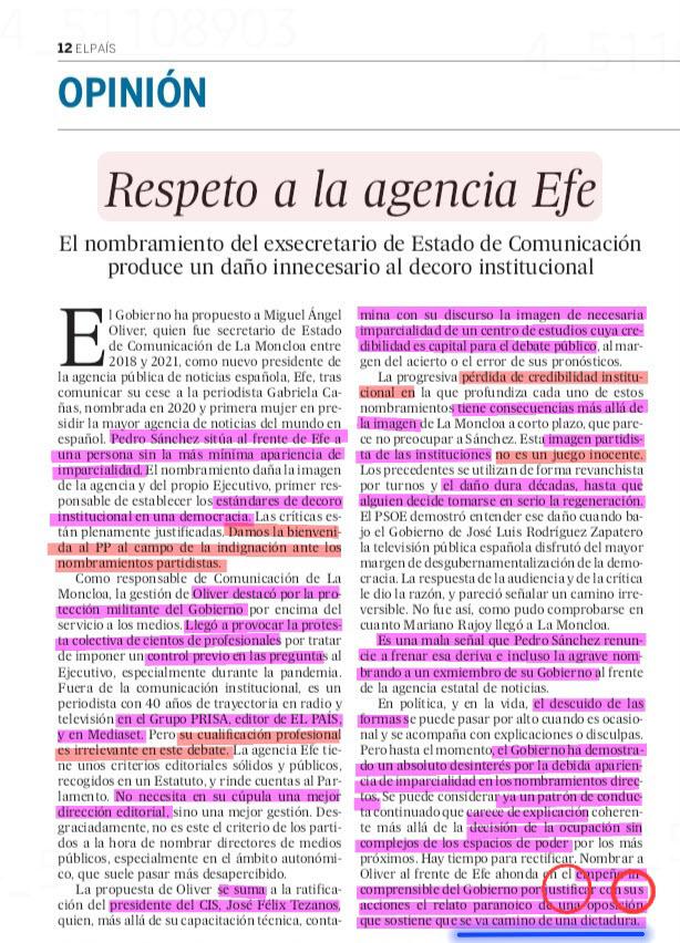 Editorial del diario El País del día 8 de diciembre de 2023.